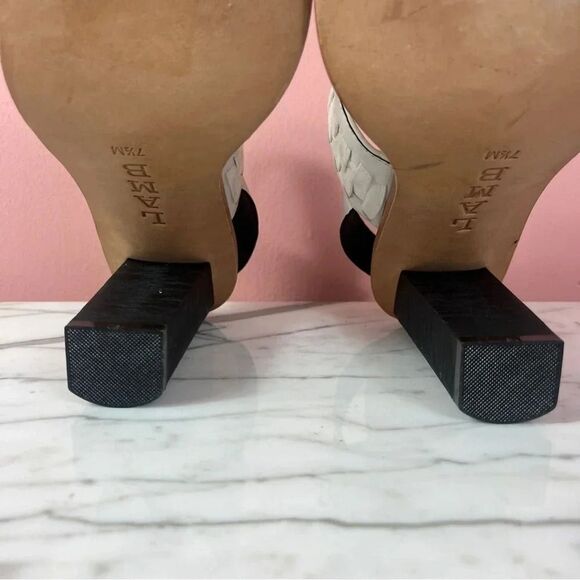 L.A.M.B Women’s Valiant Heeled Sandals Leather White Black 7.5 5” Heel - Picture 8 of 12